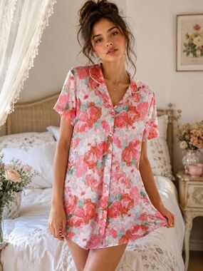 Vintage Private Moments Floral Sleep Shirt Nightgown‎ Silky Button Front Medium